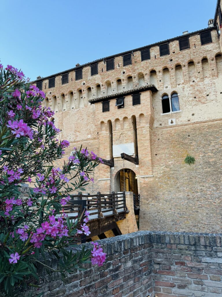Historische gebouwen en bloeiende bloemen in Gradara