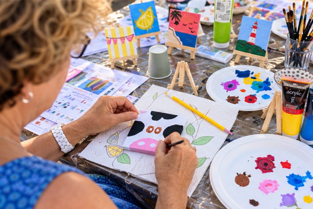 Gasten schilderen samen tijdens een creatieve workshop in Italië